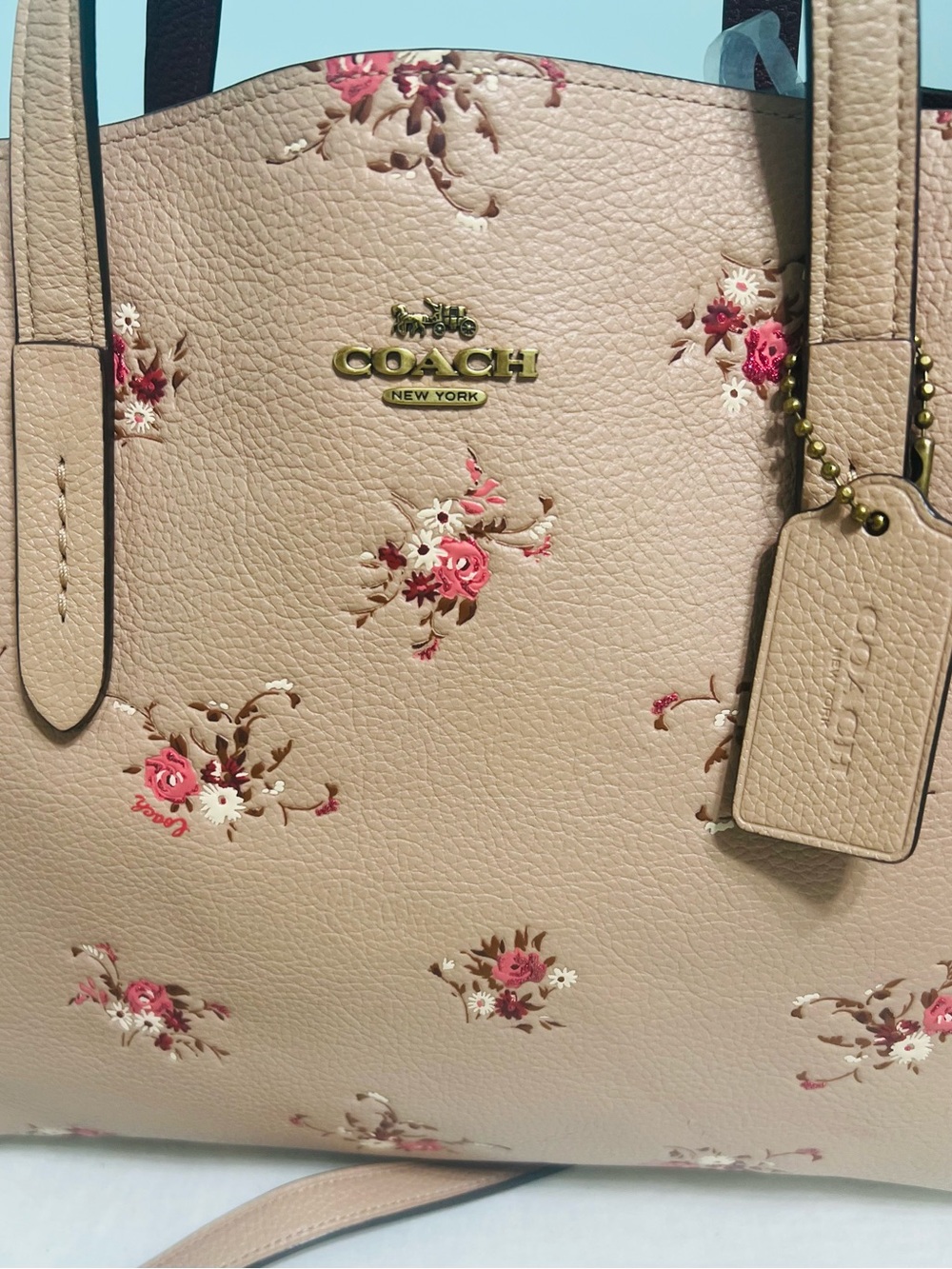 COACH Beige Floral Print Leather Tote with Pink Accents